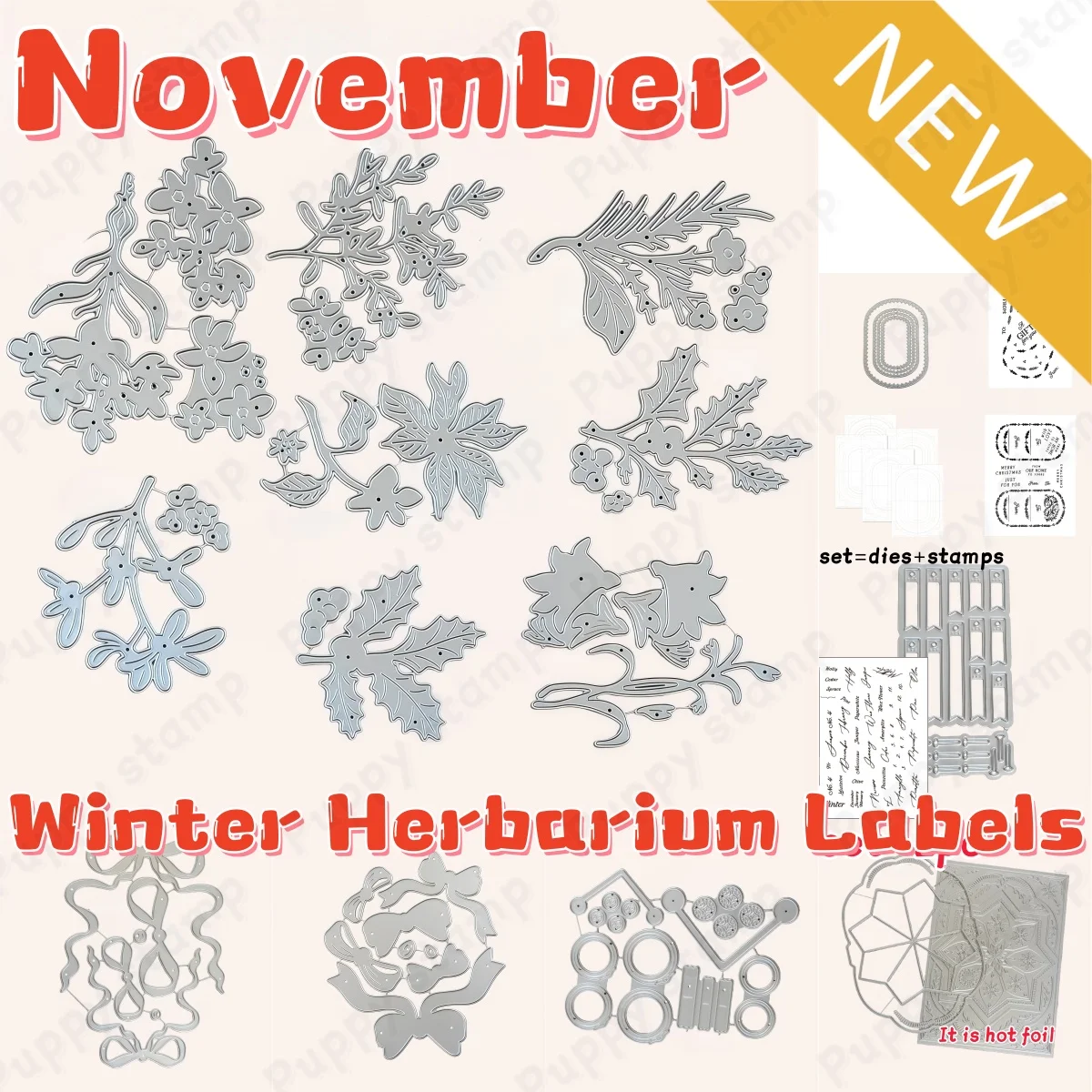 Winter Clothing Label - Winter-Herbarium-Etiketten, Metall-Stanzformen, transparente Stempel, Schablone, Heißfolie