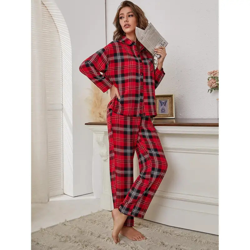 Winter Clothing Youtube - Rot karierter Pyjama, langärmelig, Revers, weiches