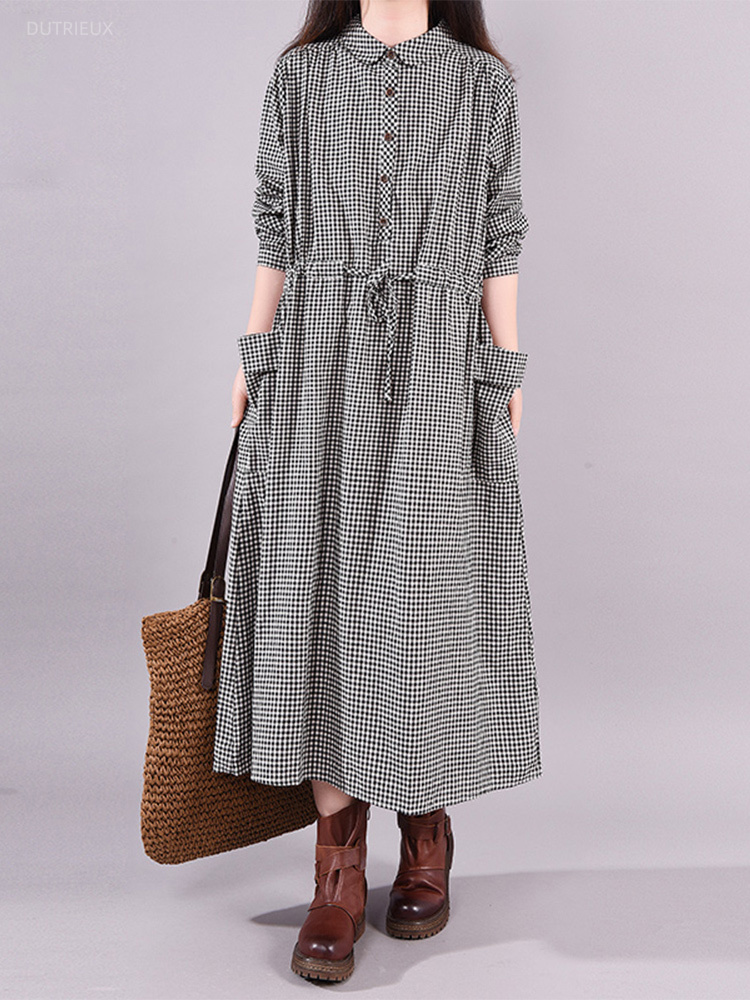 Winter Clothing Drawing - Mode Vintage Kleid Plaid Kordelzug Taschen